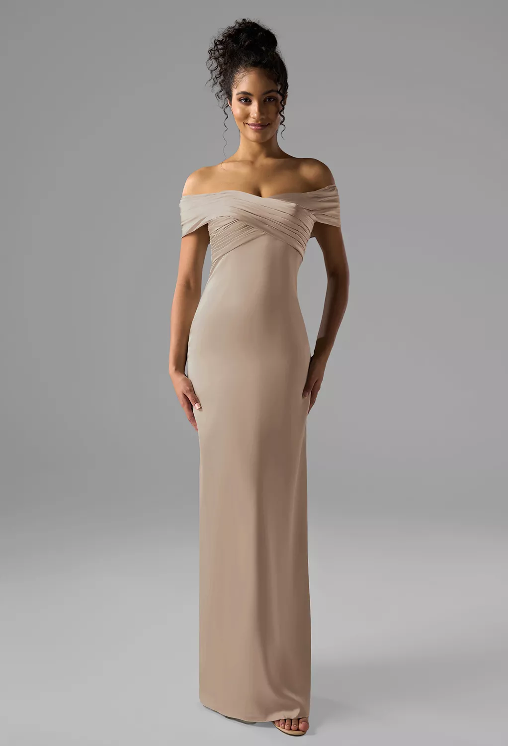 Taupe, Satin Charmeuse, Off the Shoulder Long Bridesmaid Dresses